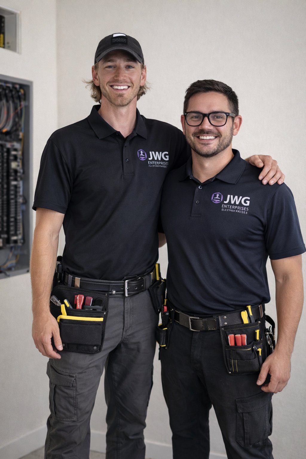Cody and John from JWG Enterprises in branded uniforms with tool belts